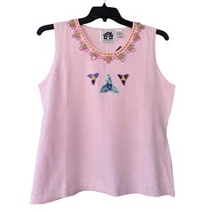 Storybook Knits Pink Beaded Sequins Floral Sleeveless Cottagecore Top NWT Size L